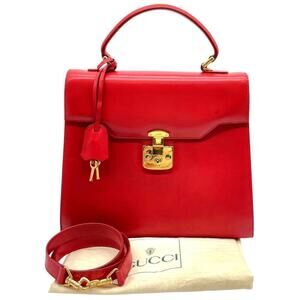 Gucci Vintage Red Leather Lady Lock 2Way Handbag With Strap/ Clochette/ Keys